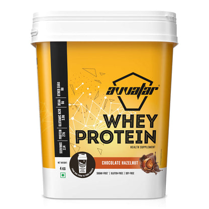 AVVATAR WHEY PROTEIN | 4 KG | Chocolate Hazulnut Flavour | 27g Protein | 114 Servings | Isolate & Concentrate Blend | Product Expiry - 10/12/25