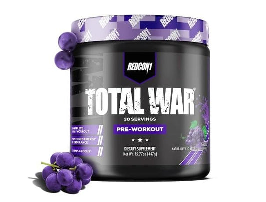 REDCON1 Total War Pre Workout Grape - L Citrulline, Malic Acid, Green Tea Leaf Extract for Pump Boosting Pre Workout for Women & Men - 3.2g Beta Alanine to Reduce Exhaustion, 30 Servings | Product Expiry - June 2025