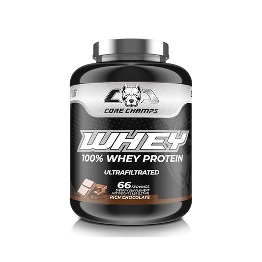 CORE CHAMPS 100% Whey Protein - Ultra-Filtered 5lb RICH CHOCOLATE | 65 Servings | 26g Protein | 7.1g BCAA | 5g Glutamine | Muscle Building and Recovery | Free Delivery | Product Expiry - 23/Mar/2026