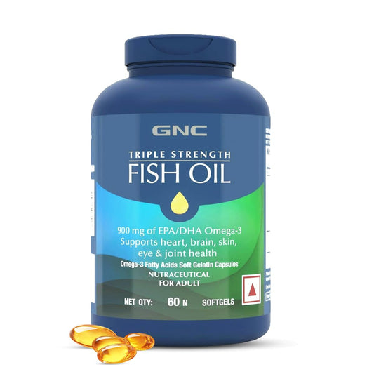 GNC Triple Strength Fish Oil Omega 3 Capsules for Men & Women | 60 Softgels | 900mg (540 MG EPA & 360 MG DHA) | Improves Memory | Protects Vision | No Fishy Aftertaste | 1500 MG | Product Expiry - Sep 2025