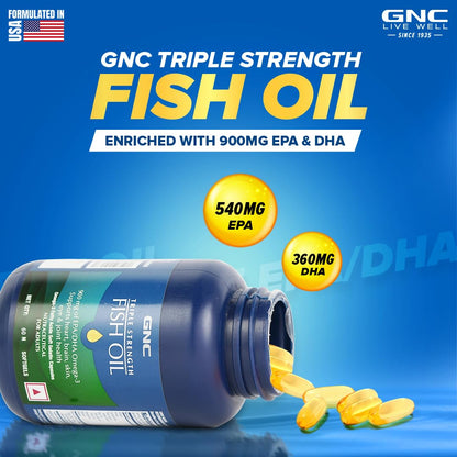 GNC Triple Strength Fish Oil Omega 3 Capsules for Men & Women | 60 Softgels | 900mg (540 MG EPA & 360 MG DHA) | Improves Memory | Protects Vision | No Fishy Aftertaste | 1500 MG | Product Expiry - Sep 2025