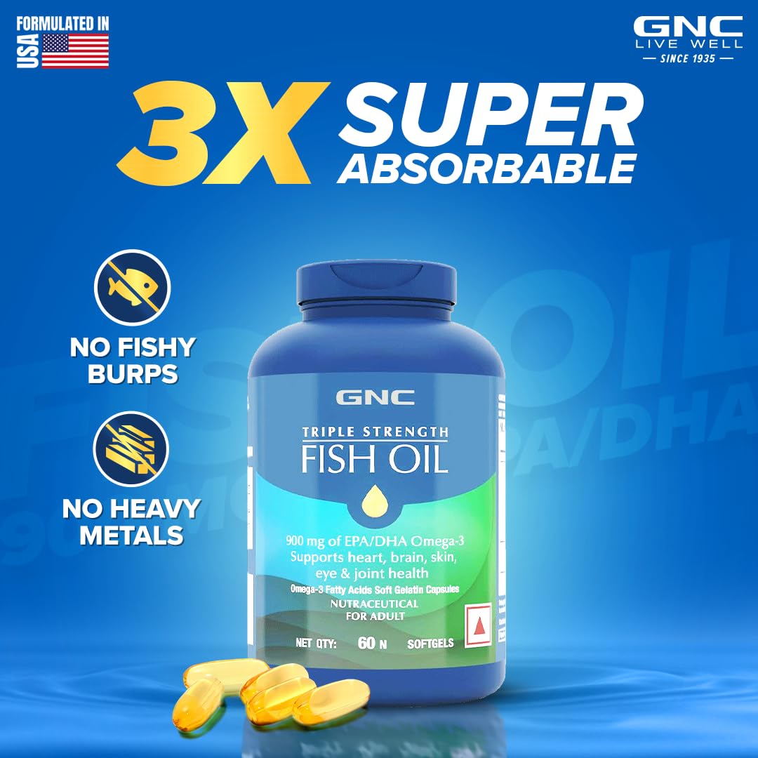 GNC Triple Strength Fish Oil Omega 3 Capsules for Men & Women | 60 Softgels | 900mg (540 MG EPA & 360 MG DHA) | Improves Memory | Protects Vision | No Fishy Aftertaste | 1500 MG | Product Expiry - Sep 2025