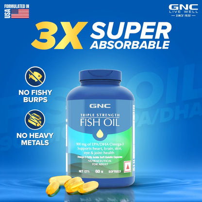 GNC Triple Strength Fish Oil Omega 3 Capsules for Men & Women | 60 Softgels | 900mg (540 MG EPA & 360 MG DHA) | Improves Memory | Protects Vision | No Fishy Aftertaste | 1500 MG | Product Expiry - Sep 2025