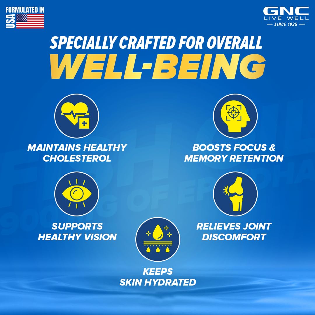 GNC Triple Strength Fish Oil Omega 3 Capsules for Men & Women | 60 Softgels | 900mg (540 MG EPA & 360 MG DHA) | Improves Memory | Protects Vision | No Fishy Aftertaste | 1500 MG | Product Expiry - Sep 2025