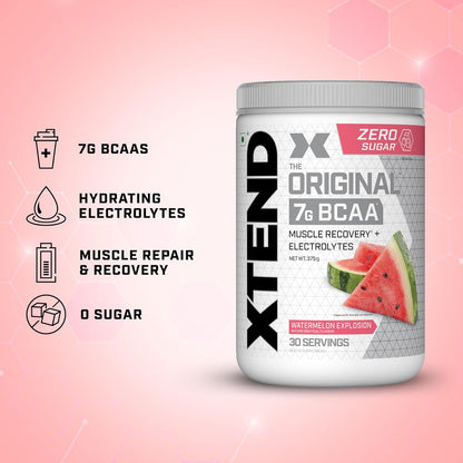 Xtend Original BCAA Powder Watermelon Explosion - Sugar Free Workout Muscle Recovery Drink with 7g BCAA | Amino Acid Supplement with L Glutamine & Electrolytes - 375 Gms | Product Expiry-30 May 2025