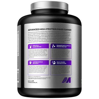 MuscleTech Mass-Tech Elite, Advance High Protein Mass Gainer Powder With Creatine For Enhanced Muscle Size & Strength, Chocolate Fudge Cake, 3 kg | Product Expiry - 19/11/24