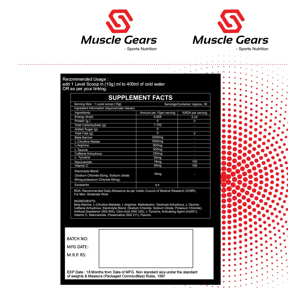 Muscle Gears Blast Pre-Workout Green Apple 300gm | CAFFEINE | NIACINE | BETA-ALANINE | 30 SERVINGS | Product Expiry - JULY/2025