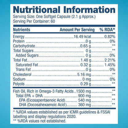 GNC Triple Strength Fish Oil Omega 3 Capsules for Men & Women | 60 Softgels | 900mg (540 MG EPA & 360 MG DHA) | Improves Memory | Protects Vision | No Fishy Aftertaste | 1500 MG | Product Expiry - Sep 2025