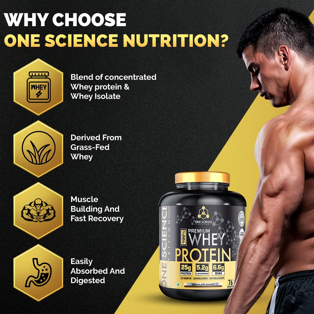 One Science Nutrition (OSN) Premium Whey Protein [Grass Fed Whey] - 25g Protein, 6.6g BCAA & 5.2 gms L-Glutamine | Refuels & Repairs Muscles - 5 lbs - Chocolate Charge | Product Expiry - 08/2026