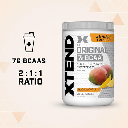 Xtend Original BCAA Powder Mango Madness  - Sugar Free Workout Muscle Recovery Drink with 7g BCAA | Amino Acid Supplement with L Glutamine & Electrolytes - 405 Gms | Product Expiry-02 April 2025