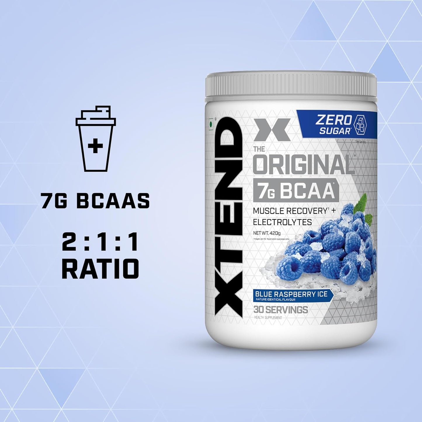 Xtend Original BCAA Powder Blue Raspberry Ice  - Sugar Free Workout Muscle Recovery Drink with 7g BCAA | Amino Acid Supplement with L Glutamine & Electrolytes - 420 Gms | Product Expiry-30 April 2025