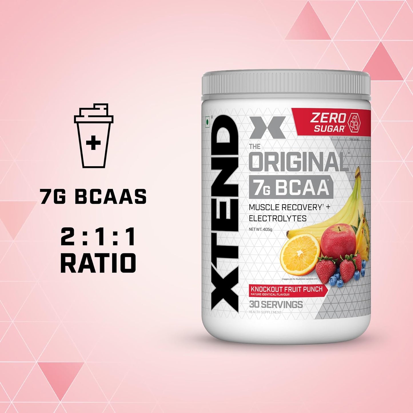 Xtend Original BCAA Powder Knockout Fruit Punch  - Sugar Free Workout Muscle Recovery Drink with 7g BCAA | Amino Acid Supplement with L Glutamine & Electrolytes - 405 Gms | Product Expiry-27 April 2025