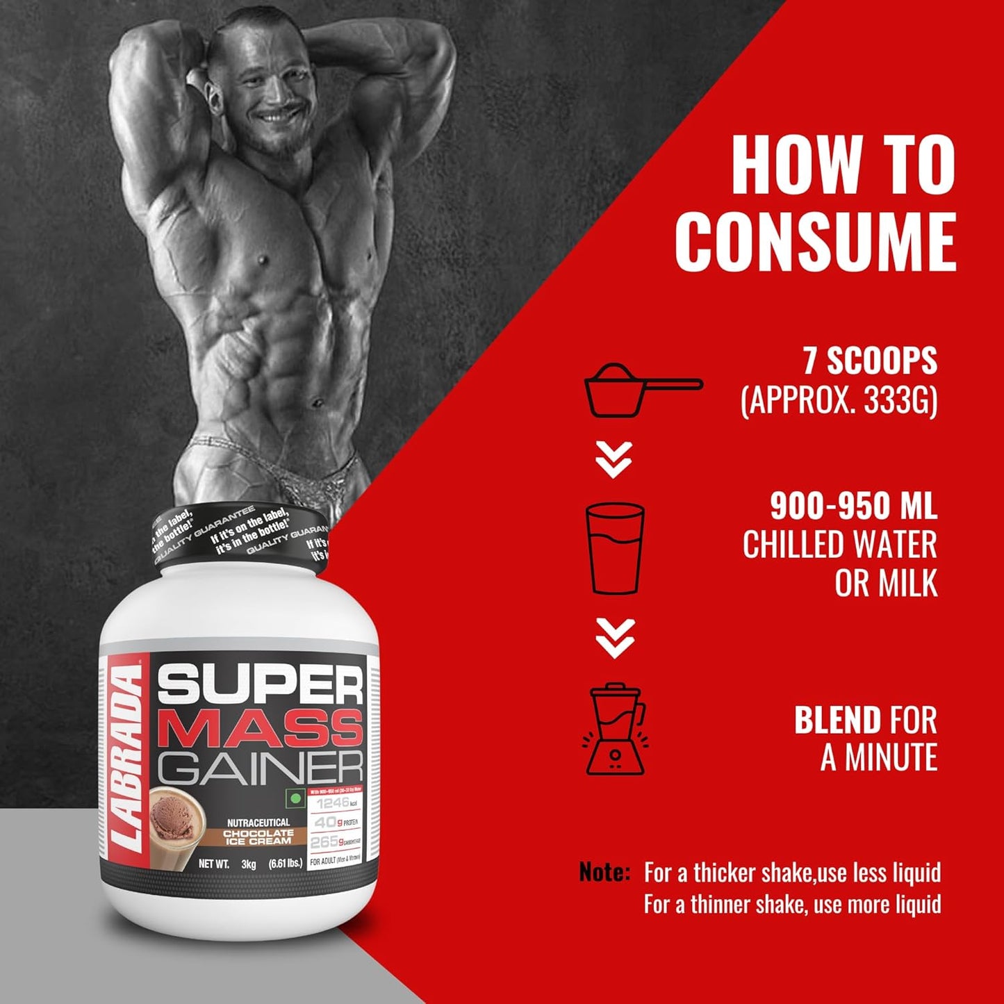 Labrada Super Mass Gainer 3kg |1246 Calories | 40g Protein | 265g Carbs | Chocolate Ice Cream Flavor | 3g Creatine | Product Expiry - 05 Sep 26