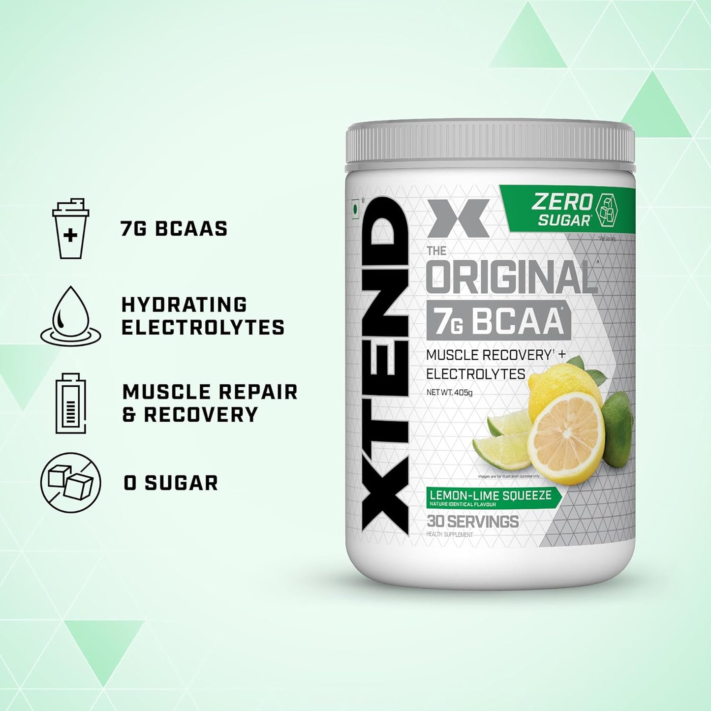 Xtend Original BCAA Powder Lemon Lime Squeeze  - Sugar Free Workout Muscle Recovery Drink with 7g BCAA | Amino Acid Supplement with L Glutamine & Electrolytes - 405 Gms | Product Expiry-30 June 2025