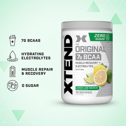 Xtend Original BCAA Powder Lemon Lime Squeeze  - Sugar Free Workout Muscle Recovery Drink with 7g BCAA | Amino Acid Supplement with L Glutamine & Electrolytes - 405 Gms | Product Expiry-30 June 2025