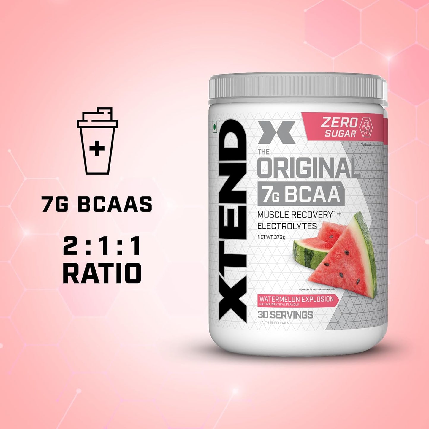 Xtend Original BCAA Powder Watermelon Explosion - Sugar Free Workout Muscle Recovery Drink with 7g BCAA | Amino Acid Supplement with L Glutamine & Electrolytes - 375 Gms | Product Expiry-30 May 2025