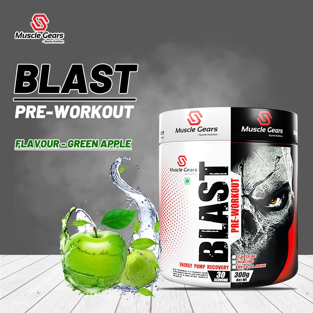 Muscle Gears Blast Pre-Workout Green Apple 300gm | CAFFEINE | NIACINE | BETA-ALANINE | 30 SERVINGS | Product Expiry - JULY/2025