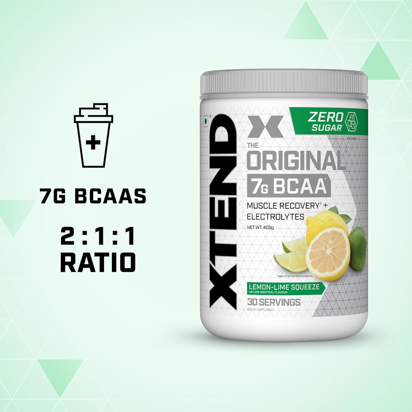 Xtend Original BCAA Powder Lemon Lime Squeeze  - Sugar Free Workout Muscle Recovery Drink with 7g BCAA | Amino Acid Supplement with L Glutamine & Electrolytes - 405 Gms | Product Expiry-30 June 2025