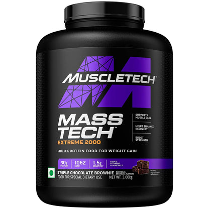 MuscleTech Veg Mass Gainer-Triple Chocolate Browmnie 3Kg - MassTech Extreme 2000 High Protein Food For Weight Gainer (30g Protein, 1062 Kcal,1.5g Creatine & Added Vitamin,Minerals) | Product Expiry - 03/2025