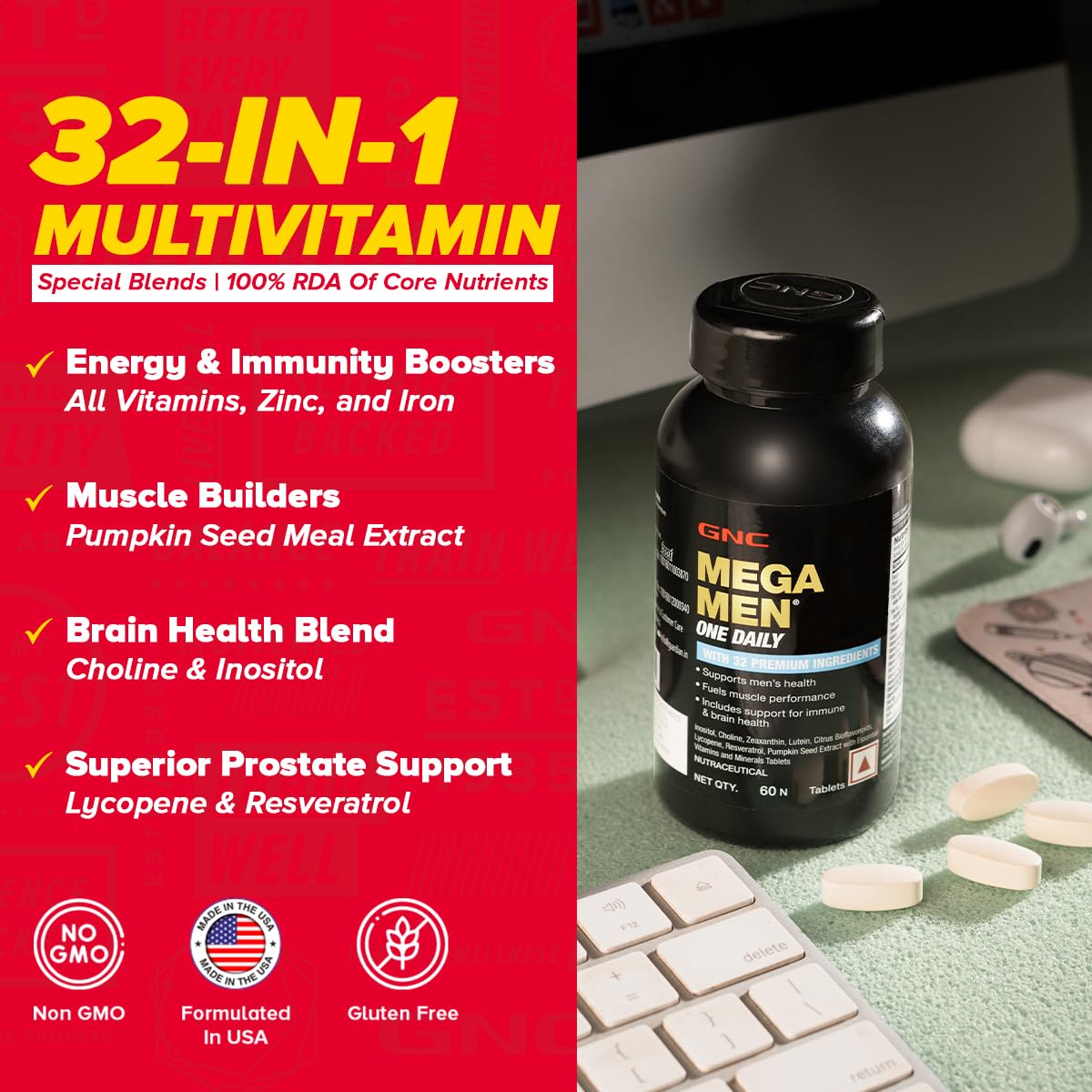 GNC Mega Men One Daily Multivitamin | 60 Tablets | 32 Premium Ingredients | Promotes Men's Well-Being | Supports Muscle Function | Boosts Immunity | Improves Memory & Focus | Formulated In USA | Product Expiry - April 2025