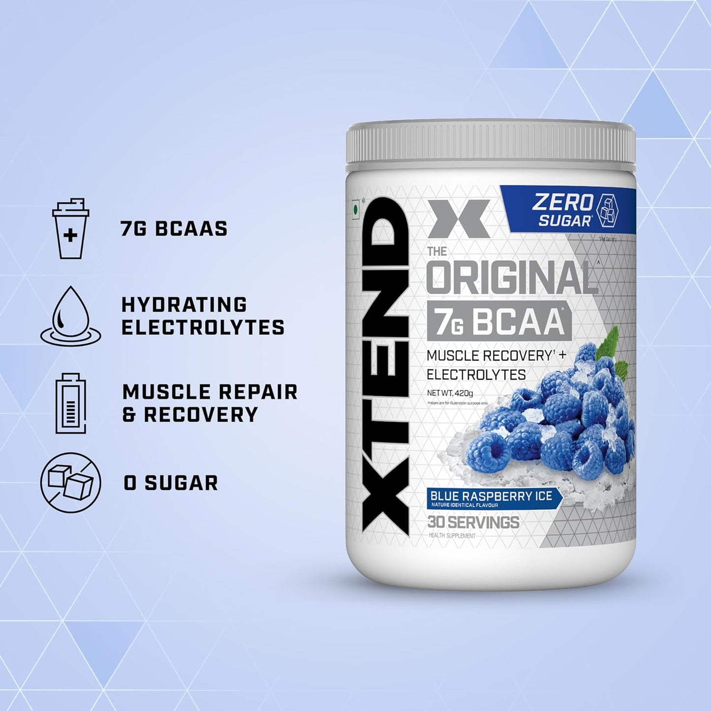 Xtend Original BCAA Powder Blue Raspberry Ice  - Sugar Free Workout Muscle Recovery Drink with 7g BCAA | Amino Acid Supplement with L Glutamine & Electrolytes - 420 Gms | Product Expiry-30 April 2025