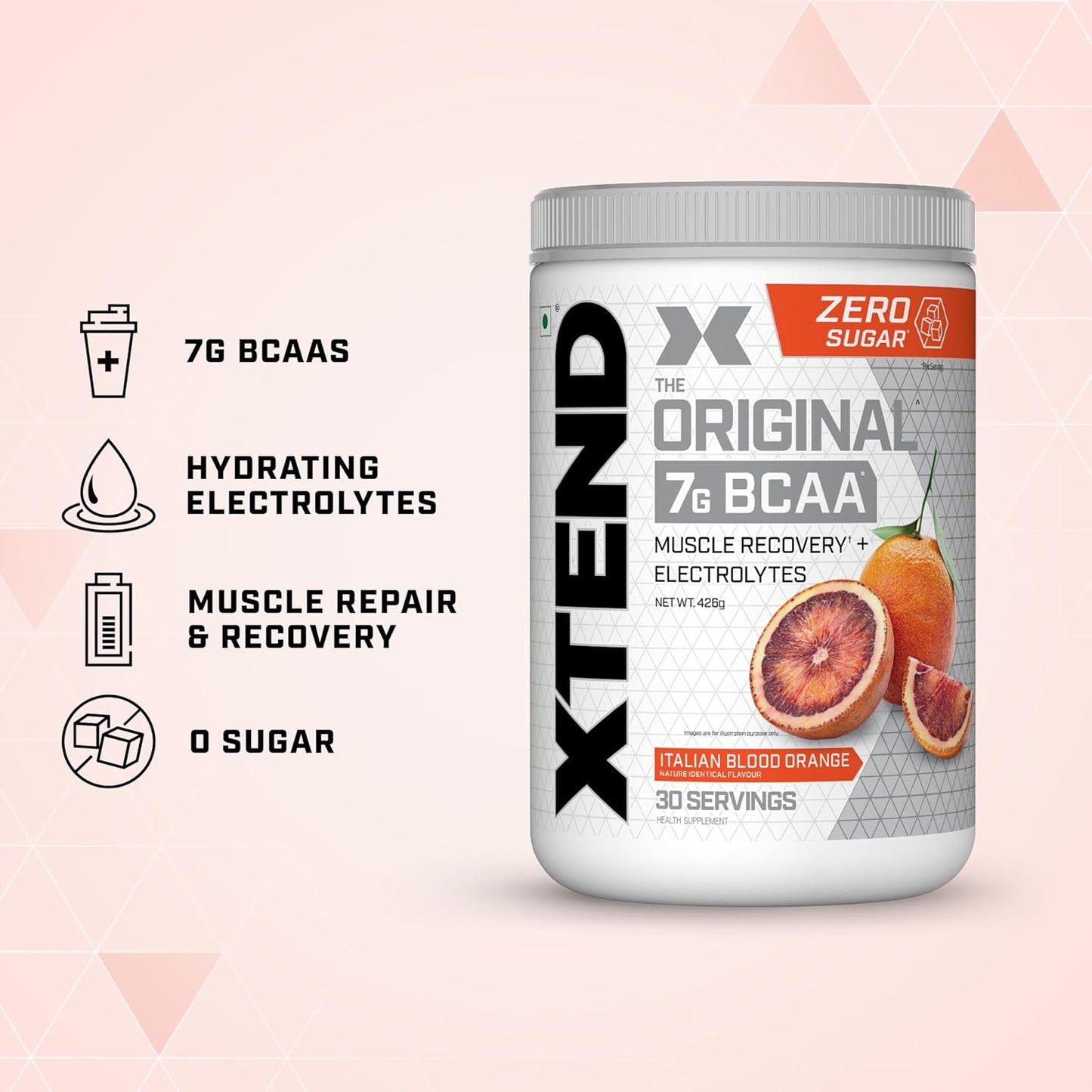 Xtend Original BCAA Powder Italian Blood Orange  - Sugar Free Workout Muscle Recovery Drink with 7g BCAA | Amino Acid Supplement with L Glutamine & Electrolytes - 426 Gms | Product Expiry-30 April 2025