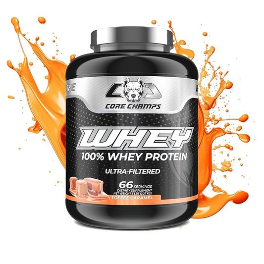 CORE CHAMPS 100% Whey Protein - Ultra-Filtered 5lb TOFFEE CARAMEL| 65 Servings | 26g Protein | 7.1g BCAA | 5g Glutamine | Muscle Building and Recovery | Free Delivery | Product Expiry - 23/Mar/2026