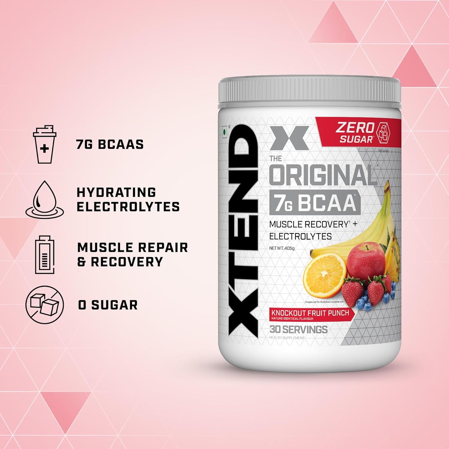 Xtend Original BCAA Powder Knockout Fruit Punch  - Sugar Free Workout Muscle Recovery Drink with 7g BCAA | Amino Acid Supplement with L Glutamine & Electrolytes - 405 Gms | Product Expiry-27 April 2025