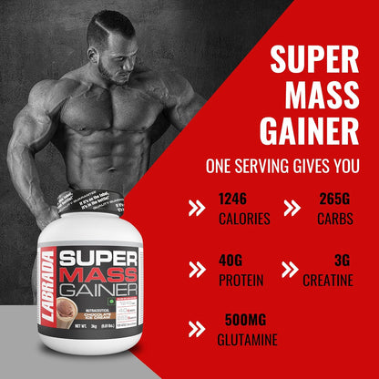 Labrada Super Mass Gainer 3kg |1246 Calories | 40g Protein | 265g Carbs | Chocolate Ice Cream Flavor | 3g Creatine | Product Expiry - 05 Sep 26