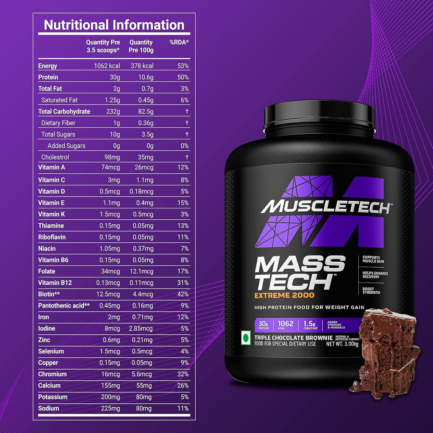 MuscleTech Veg Mass Gainer-Triple Chocolate Browmnie 3Kg - MassTech Extreme 2000 High Protein Food For Weight Gainer (30g Protein, 1062 Kcal,1.5g Creatine & Added Vitamin,Minerals) | Product Expiry - 03/2025