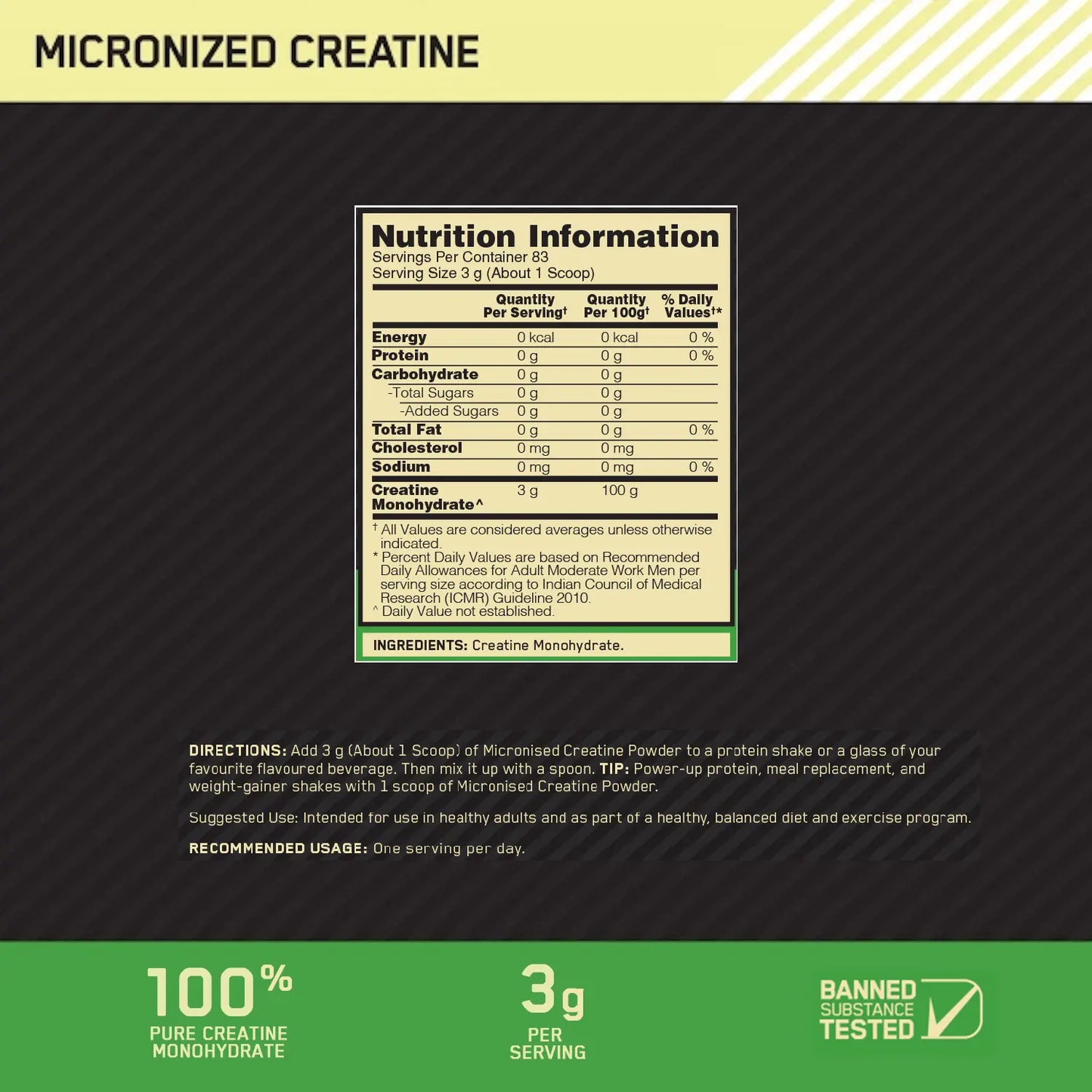 Optimum Nutrition (ON) Micronized Creatine Powder 250 Gram | Unflavoured | 30/09/25 |India Free Delivery