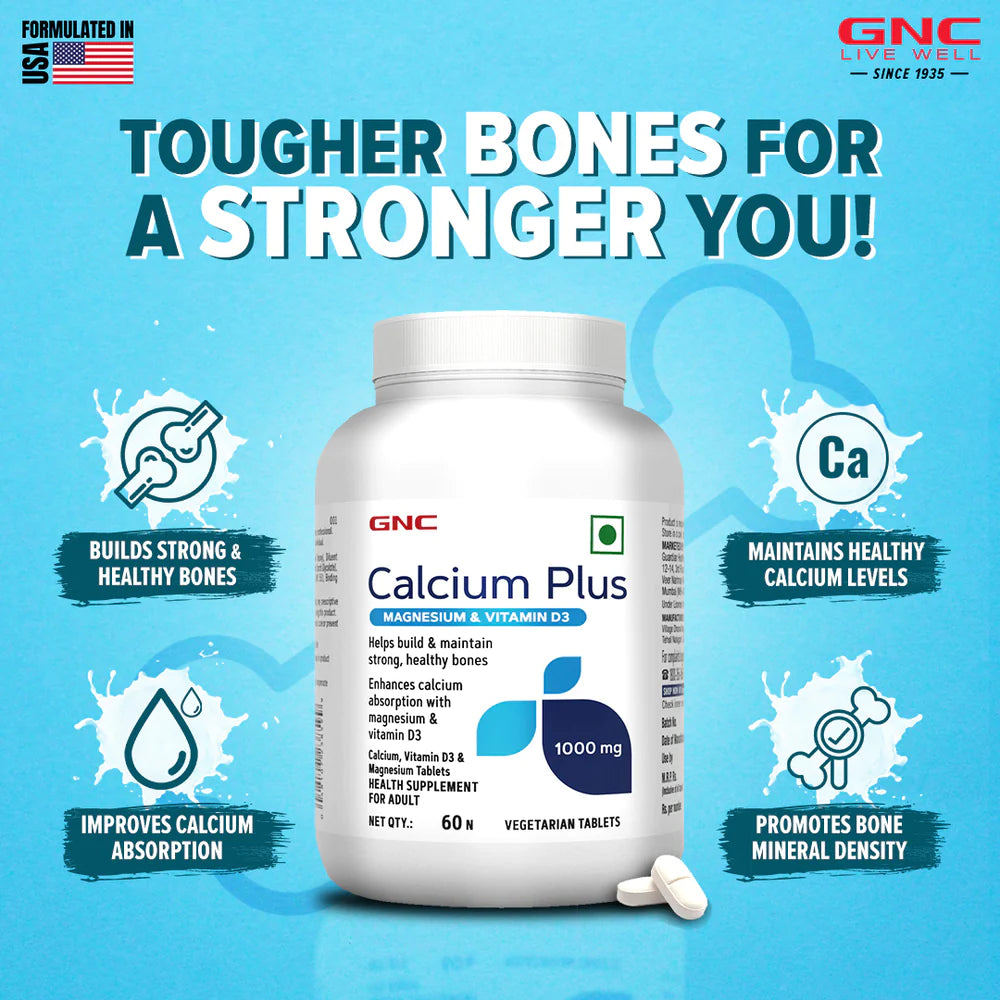 GNC Calcium Plus With Magnesium & Vitamin D3 | 180 Tablets | Strengthens Bones | Supports Strong Teeth | Promotes Healthy Muscle Contraction | Formulated in USA | 1000mg Per Serving | Product Expiry - 30/ APRIL/ 2025