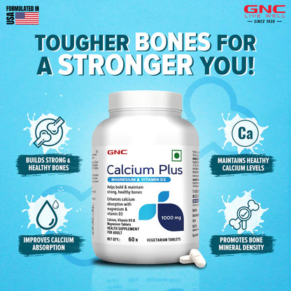 GNC Calcium Plus With Magnesium & Vitamin D3 | 180 Tablets | Strengthens Bones | Supports Strong Teeth | Promotes Healthy Muscle Contraction | Formulated in USA | 1000mg Per Serving | Product Expiry - 30/ APRIL/ 2025