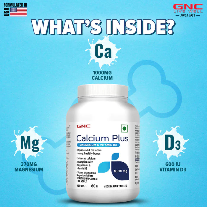 GNC Calcium Plus With Magnesium & Vitamin D3 | 180 Tablets | Strengthens Bones | Supports Strong Teeth | Promotes Healthy Muscle Contraction | Formulated in USA | 1000mg Per Serving | Product Expiry - 30/ APRIL/ 2025