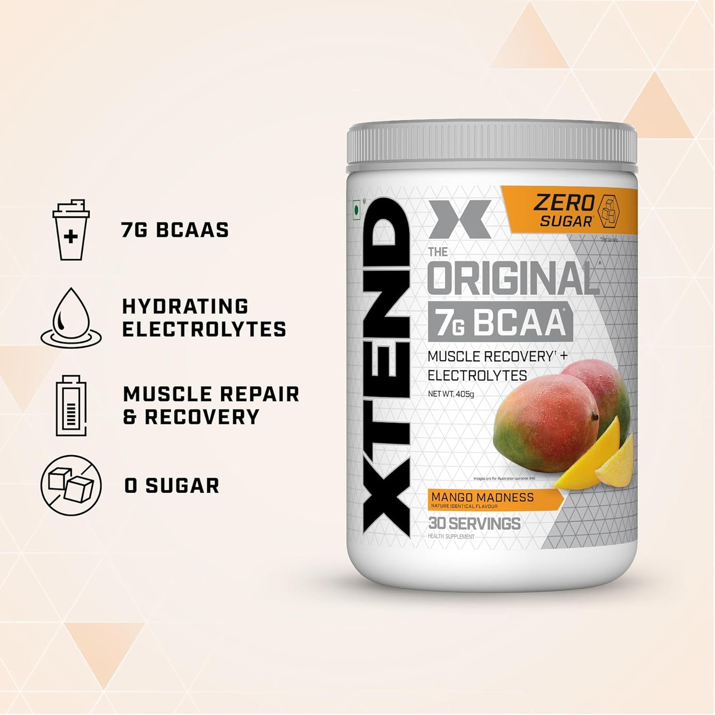 Xtend Original BCAA Powder Mango Madness  - Sugar Free Workout Muscle Recovery Drink with 7g BCAA | Amino Acid Supplement with L Glutamine & Electrolytes - 405 Gms | Product Expiry-02 April 2025