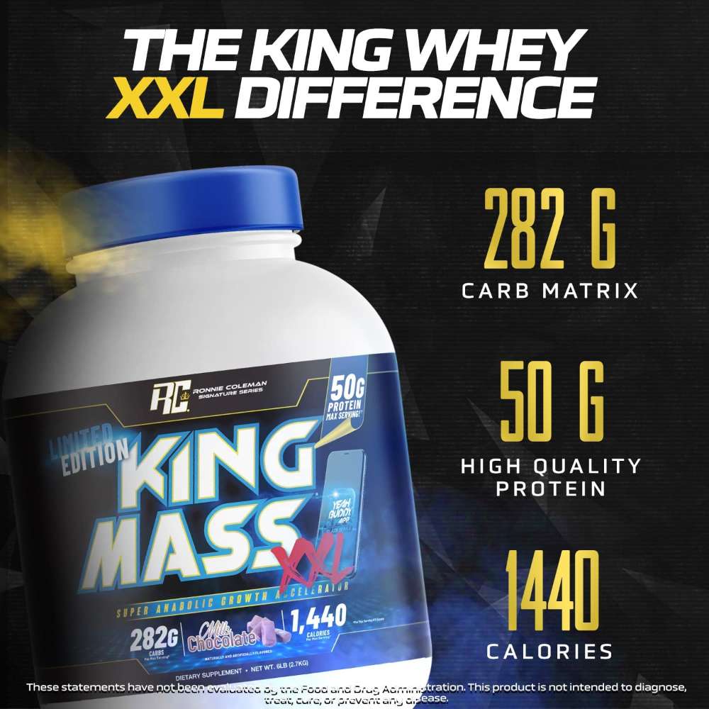 Ronnie Coleman Signature Series King Mass XLL, Muscle Gainer, 50g Protein, 283g Carbohydrates, 1,440+ Calories, Creatine and Glutamine, Milk Chocolate 6 LBS (2.7kg) | Product Expiry - 30/06/25