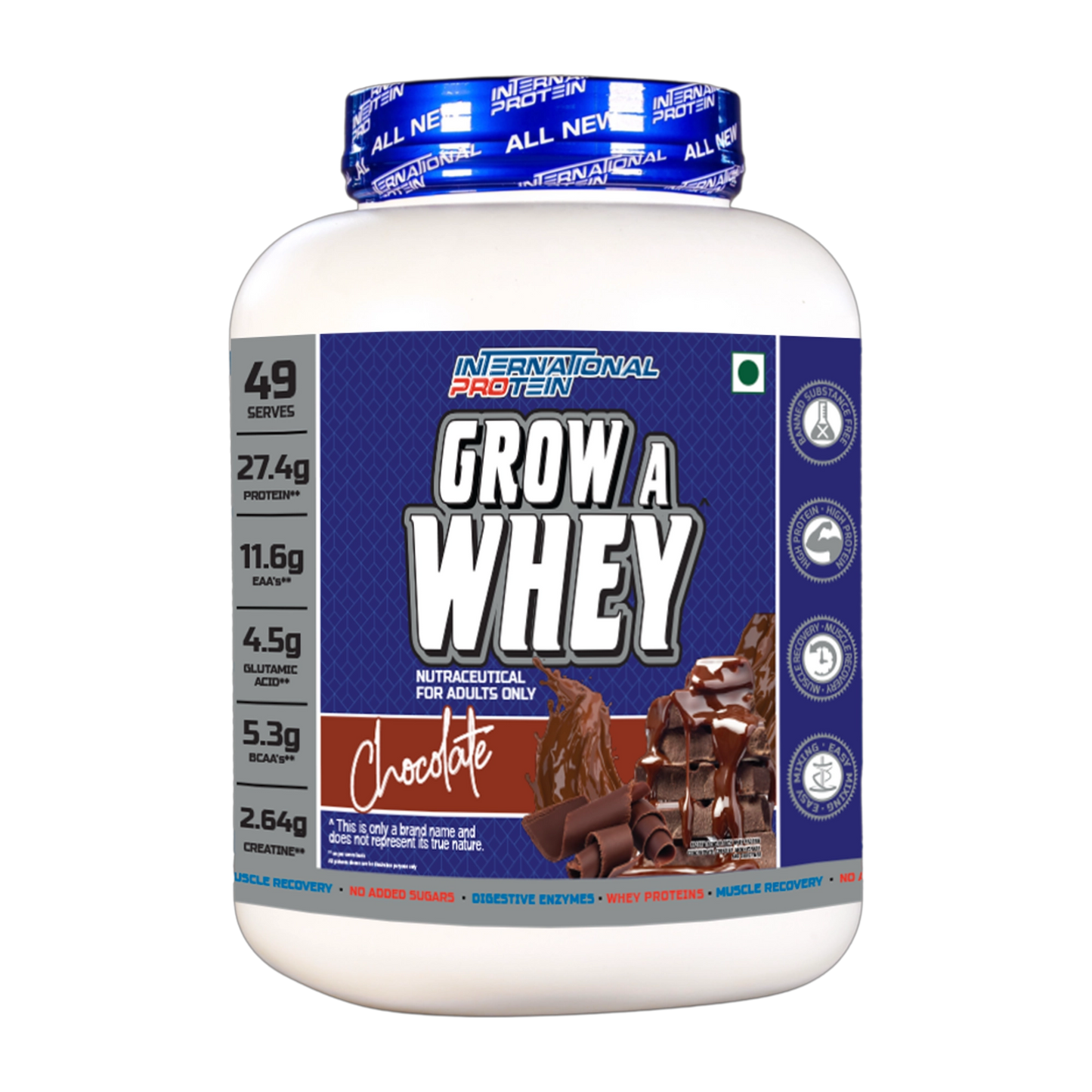 International Protein Grow A Whey Protein Chocolate 5 Lbs | Creatine 2.7 Gm | Protein 27.4 Gm | Product Expiry - 28/Nov/25