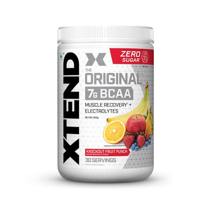 Xtend Original BCAA Powder Knockout Fruit Punch  - Sugar Free Workout Muscle Recovery Drink with 7g BCAA | Amino Acid Supplement with L Glutamine & Electrolytes - 405 Gms | Product Expiry-27 April 2025