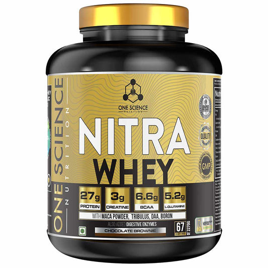 One Science Nutrition (OSN) Nitra Whey - DAA, Tribulus Terrestis, Maca powder and Boron & Creatine Monohydrate | 27g Protein, 3g Creatine, 5.2g Glutamine, 6.6g BCAA - 5lbs - Chocolate Brownie | Product Expiry - 08/2026