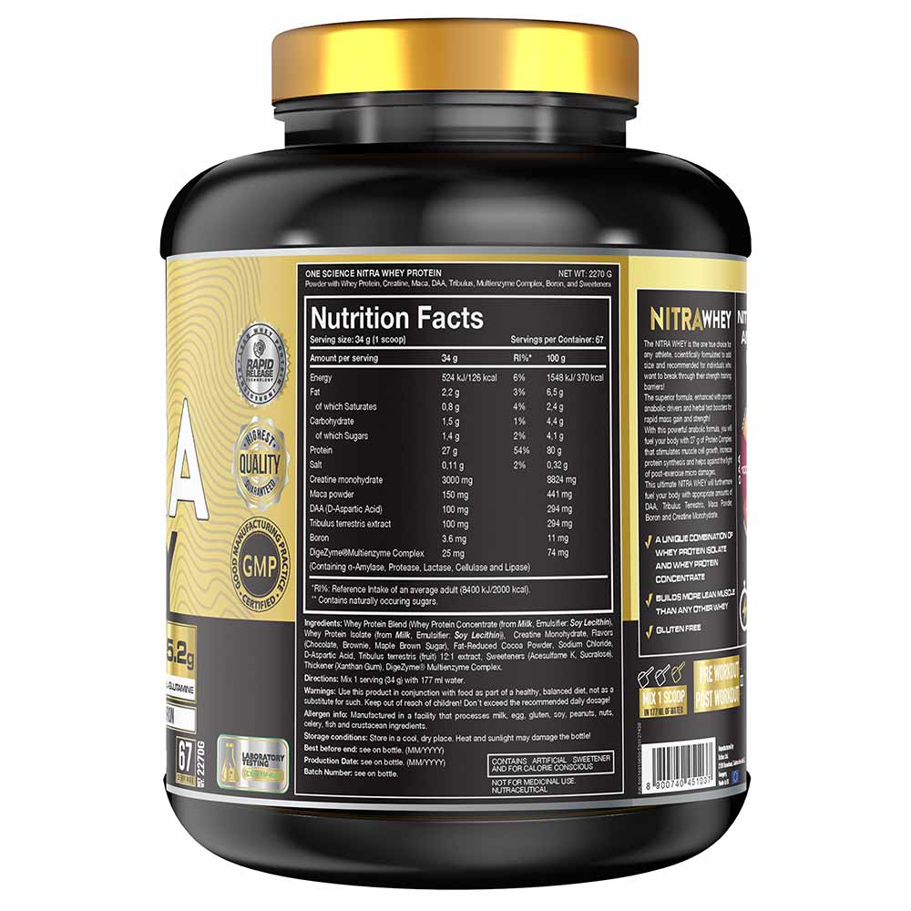 One Science Nutrition (OSN) Nitra Whey - DAA, Tribulus Terrestis, Maca powder and Boron & Creatine Monohydrate | 27g Protein, 3g Creatine, 5.2g Glutamine, 6.6g BCAA - 5lbs - Chocolate Brownie | Product Expiry - 08/2026