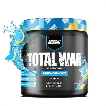 REDCON1 Total War Pre Workout Blue Lemonade - L Citrulline, Malic Acid, Green Tea Leaf Extract for Pump Boosting Pre Workout for Women & Men - 3.2g Beta Alanine to Reduce Exhaustion, 30 Servings | Product Expiry - Mar 2026