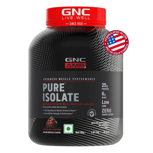 GNC AMP Pure Isolate Chocolate Frosting 4 Lb (Low Carb) with Shaker - Advanced Muscle Building To Amplify Muscle Performance| Product Expiry- 30/Feb/2025