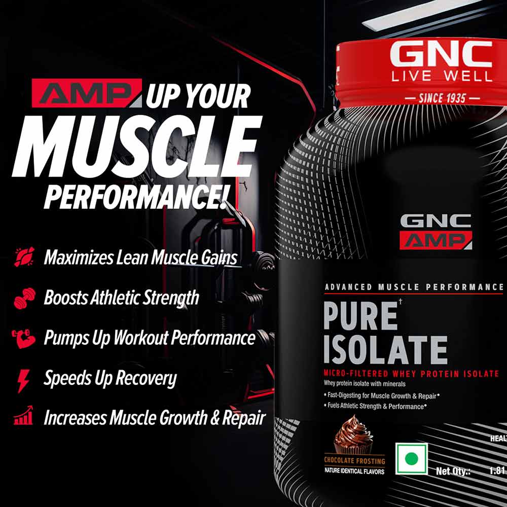 GNC AMP Pure Isolate Chocolate Frosting 4 Lb (Low Carb) with Shaker - Advanced Muscle Building To Amplify Muscle Performance| Product Expiry- 30/Feb/2025