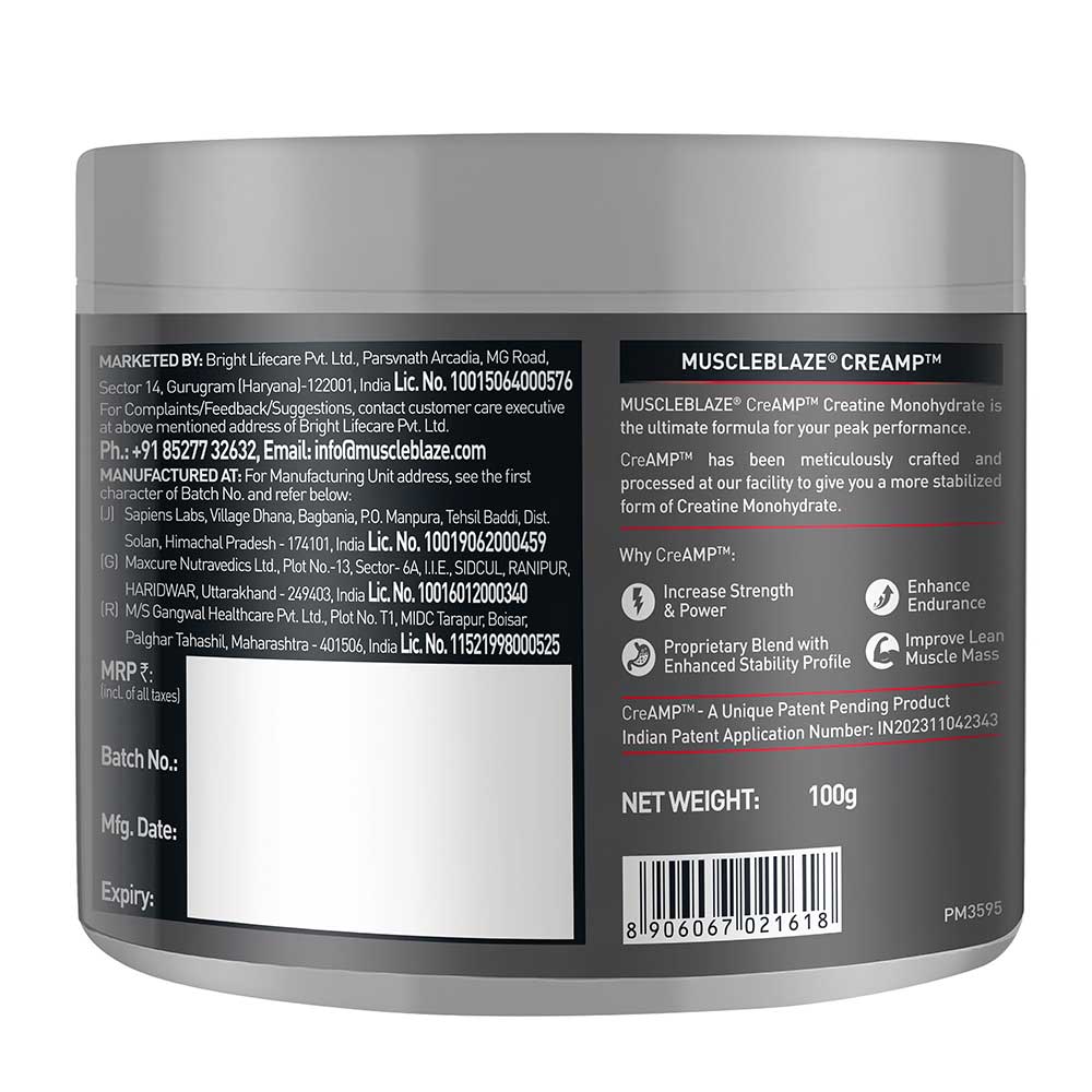 MuscleBlaze Creatine Monohydrate CreAMP, 100 g (0.22 lb) | Unflavoured | Product Expiry - 18 Dec 25